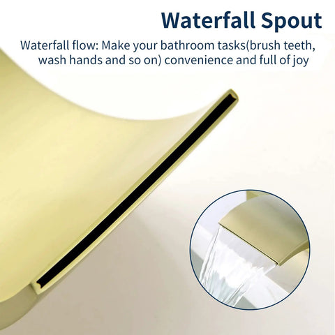 Waterfall Tub Filler Faucet Deck Mount With 3 Hole Brushed Gold Brass Finish close-up of spout showing water flow.