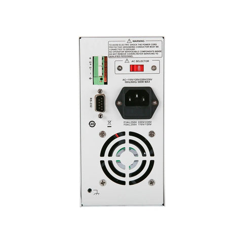 Beefy 360W DC Switching Bench Power Supply With 40V 30A Single Channel 2.8 Inch TFT LCD Display Compact Size Precise Voltage And Current Control Overvoltage And Overcurrent Protection Perfect For Lab Or Pro Projects. rear panel with AC input, RS-232, terminals, and cooling fan