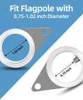 Heavy Duty Flag Pole Rings For One Inch Poles With 360 Degree Swivel Clips And Foolproof Anti Wrap Design Keeps Yard Flags Spinning Smooth Without Knots Or Snags On Breezy Afternoons Secure Fit Pack Of Two Silver showing size compatibility with 0.75 to 1.02 inch poles.