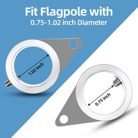 Heavy Duty Flag Pole Rings For One Inch Poles With 360 Degree Swivel Clips And Foolproof Anti Wrap Design Keeps Yard Flags Spinning Smooth Without Knots Or Snags On Breezy Afternoons Secure Fit Pack Of Two Silver showing size compatibility with 0.75 to 1.02 inch poles.