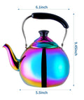 Induction Compatible Stovetop Tea Kettle Stainless Steel Whistling Tea Kettle Rainbow Iridescent Mirror Finish 2 Quart For Gas Stove Top Fast Boiling Water Modern Colorful Teakettle with dimensions