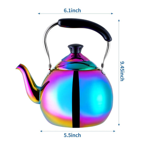 Induction Compatible Stovetop Tea Kettle Stainless Steel Whistling Tea Kettle Rainbow Iridescent Mirror Finish 2 Quart For Gas Stove Top Fast Boiling Water Modern Colorful Teakettle with dimensions