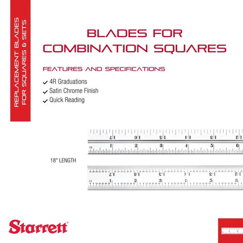 18 Inch Precision Blade For Combination Squares, Sets, And Bevel Protractors With 4R Graduations, Satin Chrome Finish