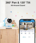 Crater 2K WiFi Pan Tilt Security Cam For Home, 3MP Baby And Pet Monitor, shown on a wooden desk with app interface displayed.