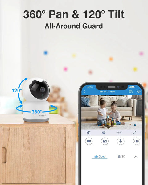 Crater 2K WiFi Pan Tilt Security Cam For Home, 3MP Baby And Pet Monitor, shown on a wooden desk with app interface displayed.