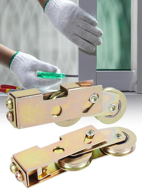 Two Pack Sliding Door Rollers Replacement Kit With One And One Quarter Inch Tandem Roller Assembly For Sliding Glass Doors And Patio Doors 330 Lb Load Capacity Durable Radial Ball Bearing Wheels For Smooth Operation On Screen And Patio Doors shown installed with gloved hand holding screwdriver