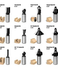 Top Notch 12-Piece 1/2 Inch Shank Wood Milling Cutter Set For Serious Router Grindings, displaying various wood router bits and shapes.