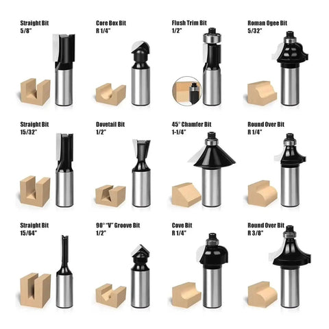 Top Notch 12-Piece 1/2 Inch Shank Wood Milling Cutter Set For Serious Router Grindings, displaying various wood router bits and shapes.