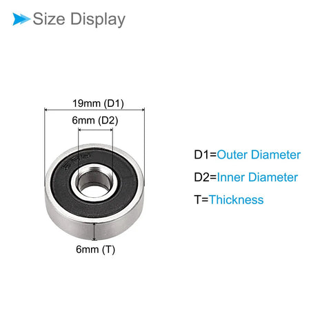 Deep Groove Ball Bearing 626-2RS 6mm ID By 19mm OD By 6mm Thick Carbon Steel Double Sealed Bearings For Motors Sk8boards Roller Wheels Office Equipment ABEC1 Precision 10 Pack diagram with size display
