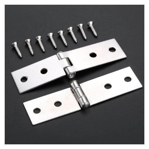 Hidden Cabinet Door Hinge Set, 2 Pcs Vertical Hinges With 8 Silver Screws, 74x20mm Right Angle 4 Hole Iron Alloy Hardware, shown closed