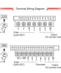 Terminal wiring diagram for 5.5kW CNC Spindle Motor Water Cooled 220V 380V ER25 Chuck with labeled connections.