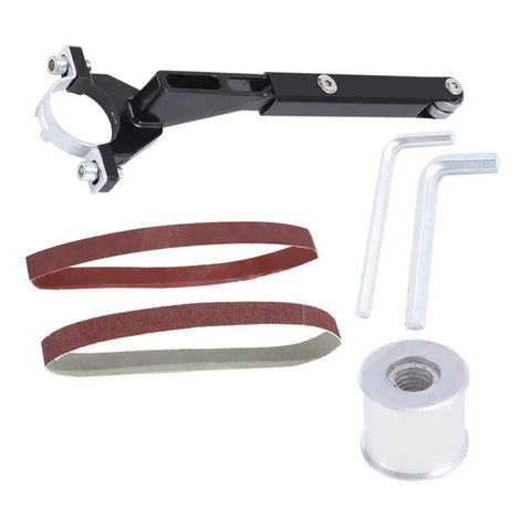 Khbyt Electric Belt Grinder Attachment includes angled adapter, sanding belts, and tools for versatile sanding and polishing.