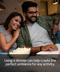 Couple using IllumaTech Dimmer Switch for Dimmable LED, Halogen and Incandescent Bulbs IPL06-10Z with cozy lighting.