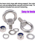 Eight Piece M14 Male Thread Eye Bolt Kit Stainless Steel 304 For Lifting And Rigging Includes Two Eye Bolts Two Lock Nuts Two Lock Washers And Two Flat Washers Perfect For Hoisting Boats Marine And Industrial Use, M14 stainless steel eye bolts with washers