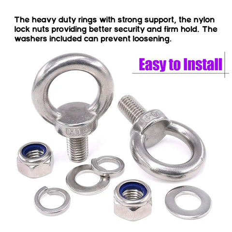 Eight Piece M14 Male Thread Eye Bolt Kit Stainless Steel 304 For Lifting And Rigging Includes Two Eye Bolts Two Lock Nuts Two Lock Washers And Two Flat Washers Perfect For Hoisting Boats Marine And Industrial Use, M14 stainless steel eye bolts with washers