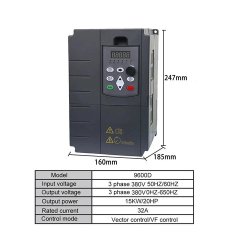 Beefy Frequency Inverter 15KW VFD Speed Control 380V Motor Drive For Lathe 3 Phase Asynchronous Motors Supports 18.5KW 25HP 380V front view, 160x185x247mm