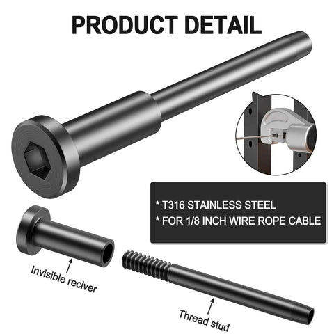 50 Pack One Eighth Inch Black Stainless Steel Invisible Receiver And Swage Stud End details with T316 material and installation view