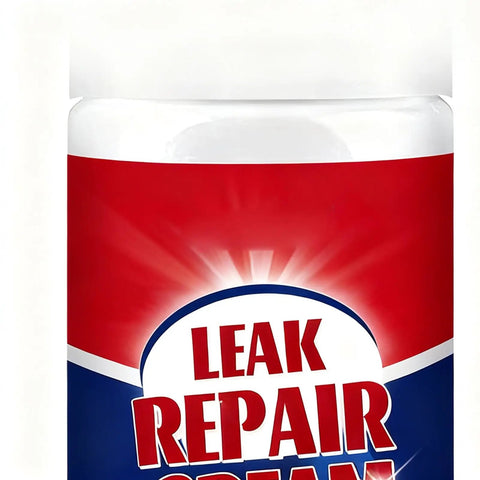 Product bottle labeled 'Leak Repair Cream' with red and blue design