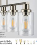 Close-up of four light chrome kitchen island pendant with clear glass shades, highlighting sleek design and bulb options.