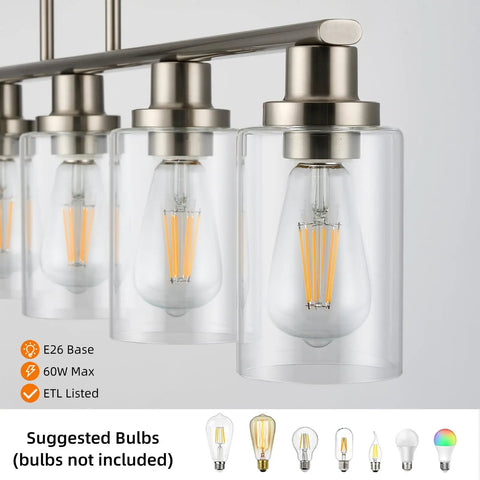 Close-up of four light chrome kitchen island pendant with clear glass shades, highlighting sleek design and bulb options.