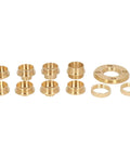 Slick Eleven Piece Template Router Guides Kit Featuring Durable Brass Bushings and Secure Lock Nut Adapters for Smooth Woodworking Milling and Home Shop Builds, assortment of brass bushings.