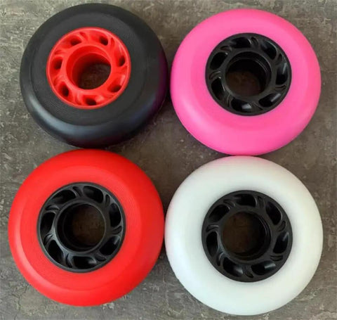 Four colored skate wheel replacements for inline skates 68Mm 72Mm 76Mm or 80Mm 92A hardness for asphalt outdoor and indoor use.