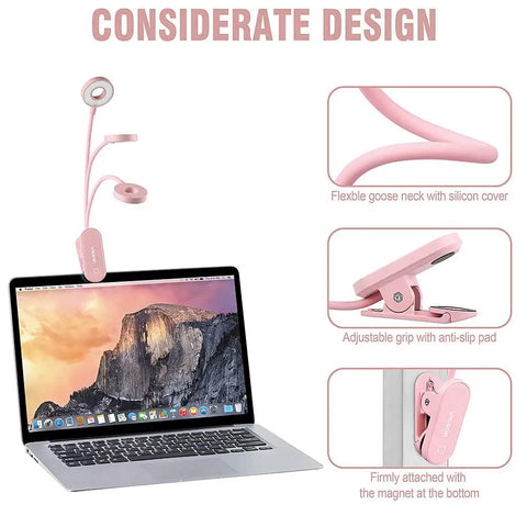 Stepless Dimming Clip On Book Light With 12 LEDs Magnetic Clip Rechargeable Reading Lamp 3 Color Temperature Modes, attached to laptop
