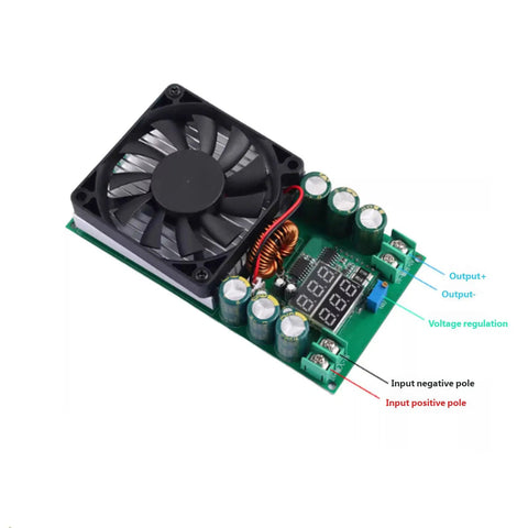600W Step Down Voltage Regulator Module With Built In Cooling Fan For Industrial And Electronics Projects Handy Adjustable Output Rock Solid Overcurrent And Overtemperature Protection Short Circuit Safeguards Stable Efficient Power Supply Board, angled view