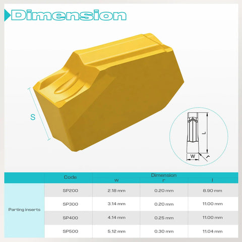 Self Grip Carbide Parting Inserts For CNC Lathe, yellow coated, with SP200-SP500 dimensions table, part of SPB326 SPB332 series.