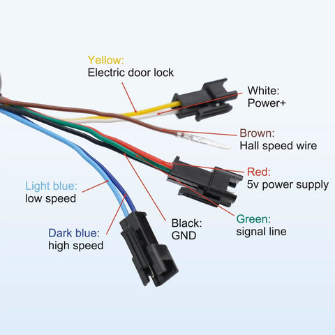 Close-up of yellow electric door lock and color-coded wires for Twist Throttle for Electric Bikes and Scooters with LED Display