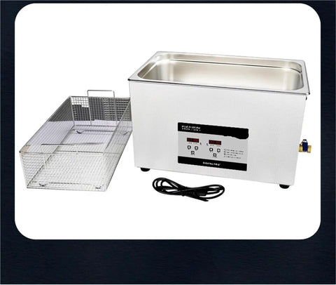 No Sweat Heavy Duty 30 Liter Ultrasonic Cleaner with wire basket and digital controls, ideal for cleaning automotive and medical tools.