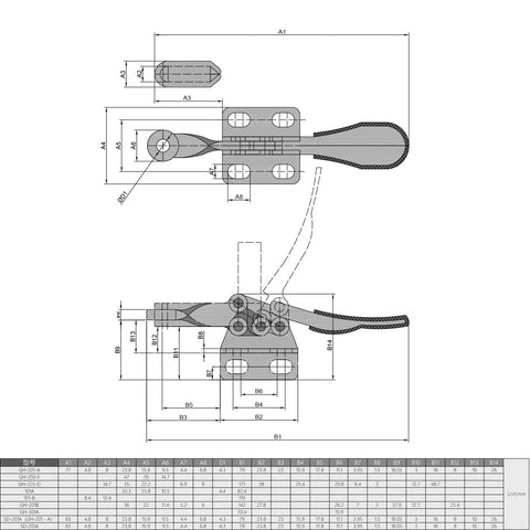 Hardcore Side Mounted Vertical Toggle Clamp Set With A Slick Quick Release Lever And Cushioned Rubber Tips For Tight Hold Downs On Any Daily Shop Grind Or Weekend Projects, detailed diagram with dimensions.