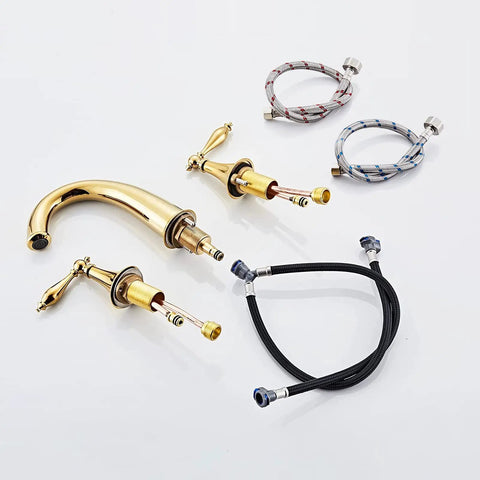 Slick Polished Gold Brass Widespread Bathroom Faucet 3 Hole Mount With Dual Handles Ceramic Cartridge Includes Water Supply Lines