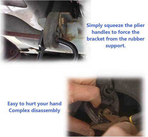 Mejiao exhaust hanger removal tool with pliers gripping a rubber exhaust bracket to detach a hanger.
