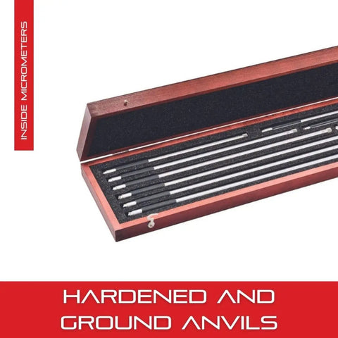 Pro Grade Tubular Inside Micrometer Set With Case, Quick Reading Figures, Hardened Ground Anvils in wood case