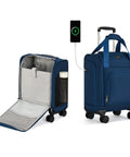 Underseat Carry On Luggage With Wheels Lightweight 30L Softside 16 Inch Spinner Suitcase Airline Approved Personal Item Overnight Bag For Women And Men Blue Jet Set Ready Travel Must Have with open and closed compartments