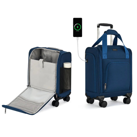 Underseat Carry On Luggage With Wheels Lightweight 30L Softside 16 Inch Spinner Suitcase Airline Approved Personal Item Overnight Bag For Women And Men Blue Jet Set Ready Travel Must Have with open and closed compartments