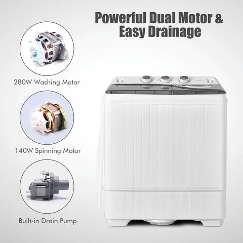 Compact Twin Tub Portable Washing Machine With Separate Wash And Spin Dryer Dual Timer Knobs Auto Drain Pump Fits Any Small Room Light Grey White shown with 280W washing motor