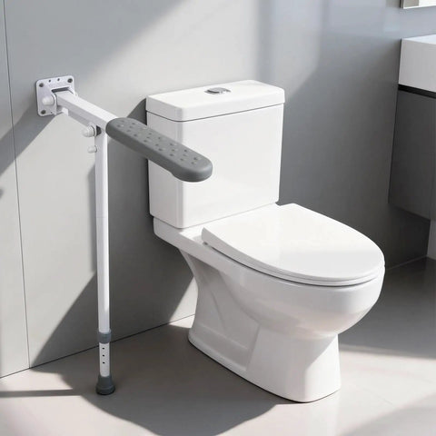 Heavy Duty Flip Up Toilet Grab Bar With Adjustable Length And Height Hella Stable Bathroom Safety Rail For Seniors Support Leg 660 Lb Capacity Anti Slip Handicap Handrail Built Like A Tank Grip mounted next to a white toilet.