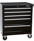 Beefy 26 Inch 5 Drawer Rolling Tool Chest Cabinet With Ball Bearing Slides Steel Tool Storage Box Organizer In Black Heavy Duty Casters Central Cam Lock Non Slip Liners For Secure Smooth Drawers, showing front view with black finish.