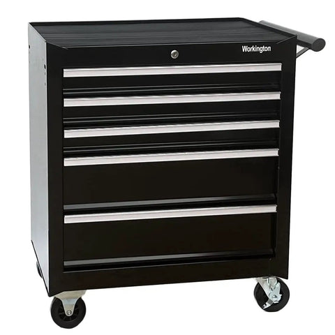 Beefy 26 Inch 5 Drawer Rolling Tool Chest Cabinet With Ball Bearing Slides Steel Tool Storage Box Organizer In Black Heavy Duty Casters Central Cam Lock Non Slip Liners For Secure Smooth Drawers, showing front view with black finish.