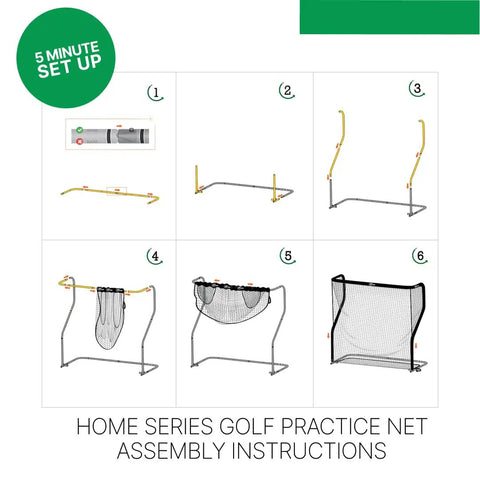 Home Series golf practice net assembly instructions showing step-by-step setup for Launch Pro I Circle B Edition Golf Launch Monitor Bundle.