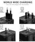 Worldwide Travel Power Adapter With 4 Retractable Plugs, 3 USB Ports And USB C, All in One Global Converter for US UK EU AU, 100V 240V