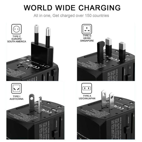 Worldwide Travel Power Adapter With 4 Retractable Plugs, 3 USB Ports And USB C, All in One Global Converter for US UK EU AU, 100V 240V