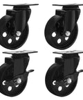 Set of four All Black Heavy Duty 4 Inch Swivel Plate Caster Wheels With Brake Lock, 400 Lbs Capacity Each, Iron High Gauge Steel