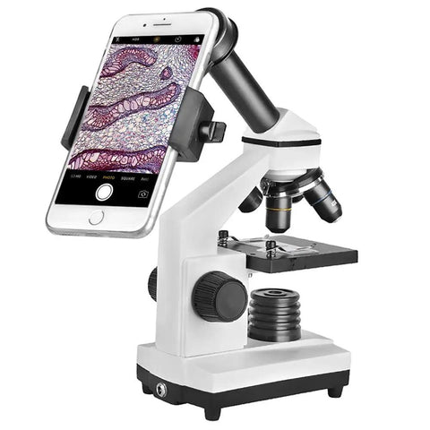 Phone Camera Adapter for Microscope Eyepiece 23.2mm with Built In 16x Microscope Eyepiece, Compatible With Most Phones 2.2 to 3.9 Inches Wide, Easy Clip On for iPhone and Android, Turn Your Phone Into a Microscope Studio on microscope