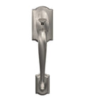 Camelot Trim Lower Half Front Entry Handleset With Avila Lever In Satin Nickel For A Dope Front Door Setup, Works With Optional Electronic Deadbolt For A Complete Entry, Adjustable Latch And Through-Bolt For A Wide Door Range, Easy Install. Front view.