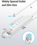360 Degree Mountable Surge Protector Power Strip With Six Foot Cord Six Electrical Outlets And Four USB Ports Two USB C And Two USB A Flat Plug Extension For Under Desk Wall Or Corner Mount White Finish, 12.8in