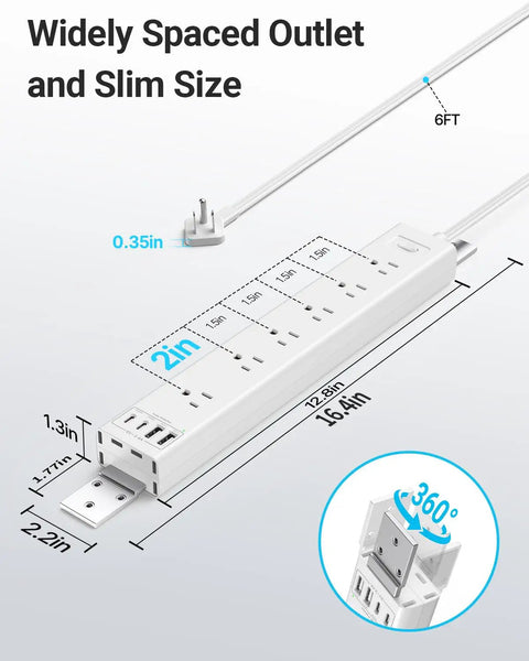 360 Degree Mountable Surge Protector Power Strip With Six Foot Cord Six Electrical Outlets And Four USB Ports Two USB C And Two USB A Flat Plug Extension For Under Desk Wall Or Corner Mount White Finish, 12.8in