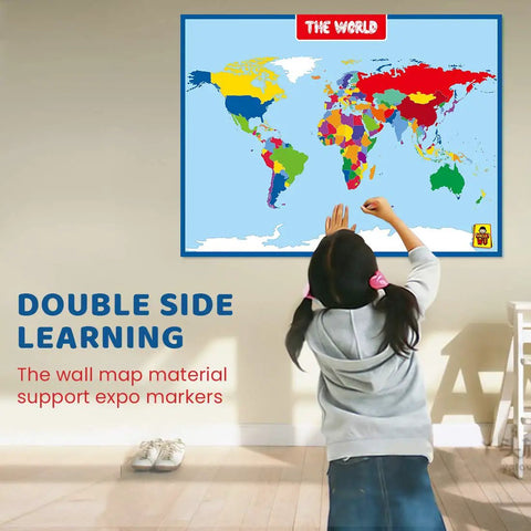Child using World Map Laminated Poster With Dry Erase Surface Double Sided For Home Classroom And Office Use 17 By 23 Inches
